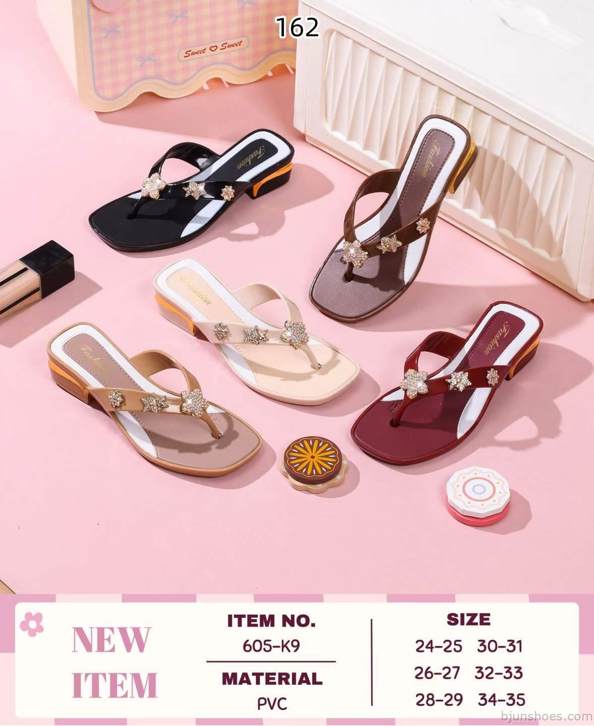 605 Series Girls' Flip Flops - Rhinestone Low-Heel Square-Toe Thong Sandals, 5 Colors, PVC Wholesale